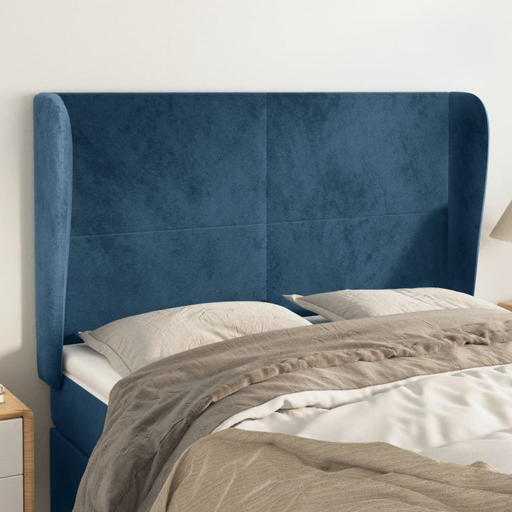 sengegavl med kanter 147x23x118/128 cm fløjl mørkeblå