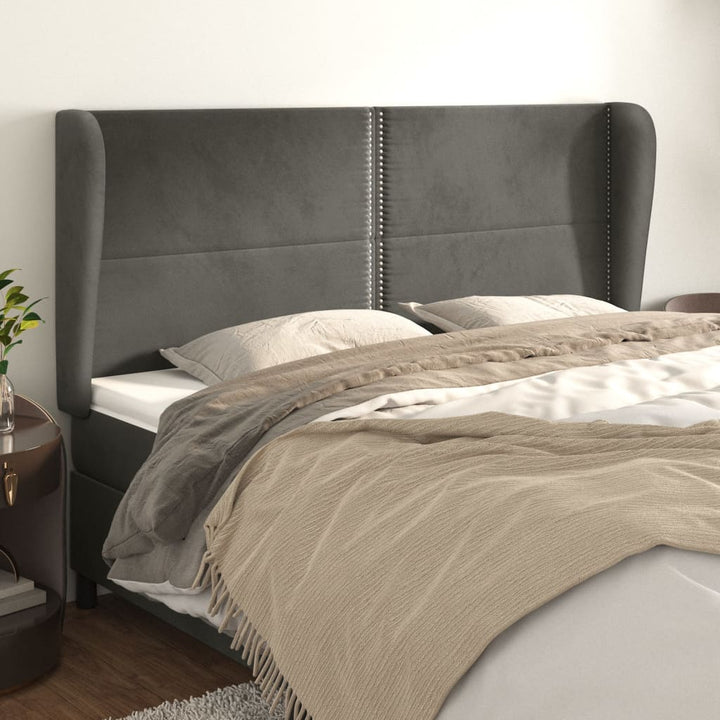 sengegavl med kanter 163x23x118/128 cm fløjl mørkegrå