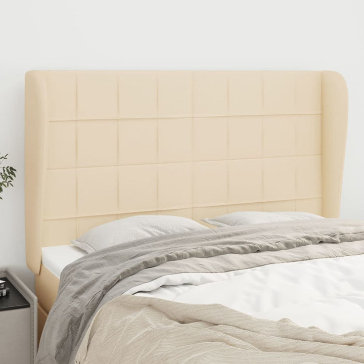 sengegavl med kanter 147x23x118/128 cm stof cremefarvet