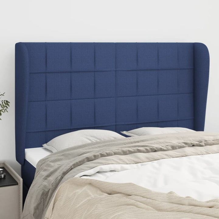 sengegavl med kanter 147x23x118/128 cm stof blå