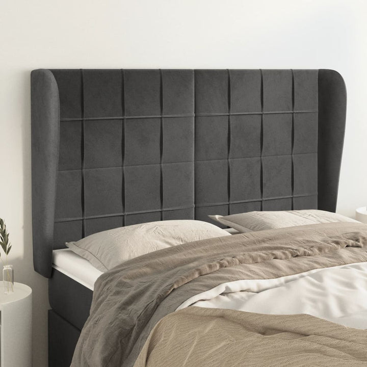 sengegavl med kanter 147x23x118/128 cm fløjl mørkegrå