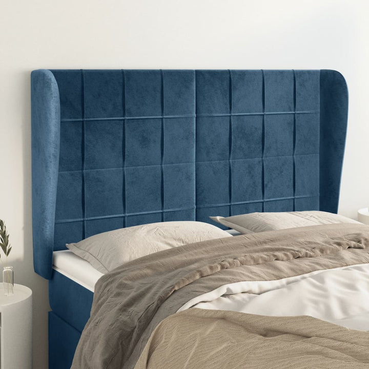 sengegavl med kanter 147x23x118/128 cm fløjl mørkeblå