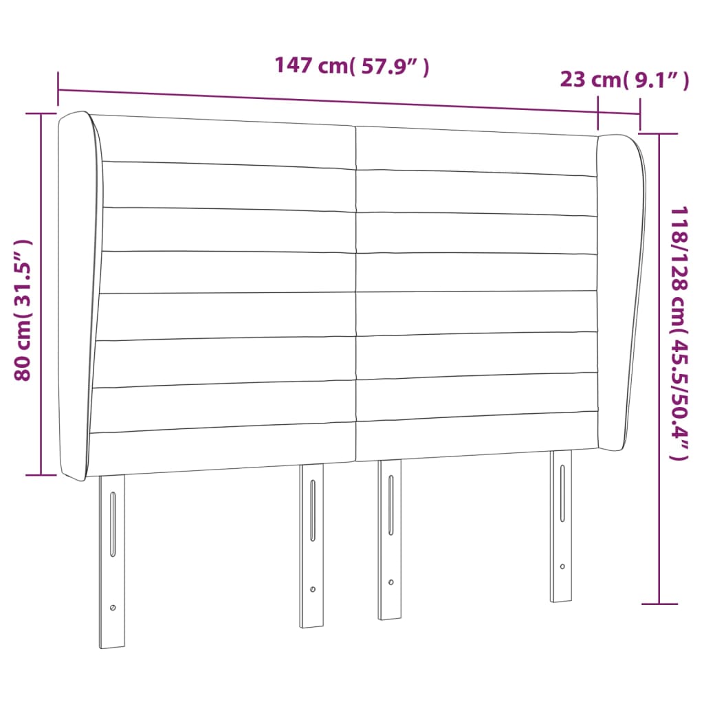 sengegavl med kanter 147x23x118/128 cm stof cremefarvet