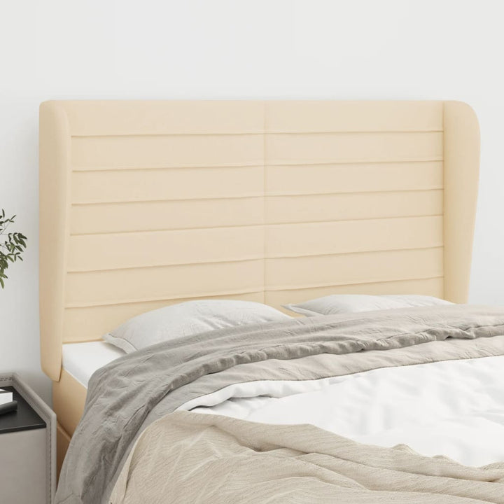 sengegavl med kanter 147x23x118/128 cm stof cremefarvet