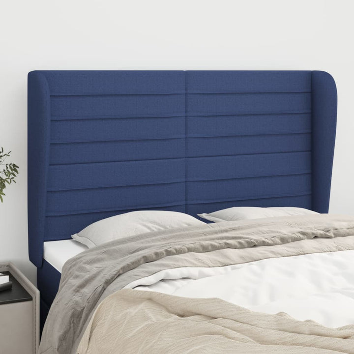sengegavl med kanter 147x23x118/128 cm stof blå