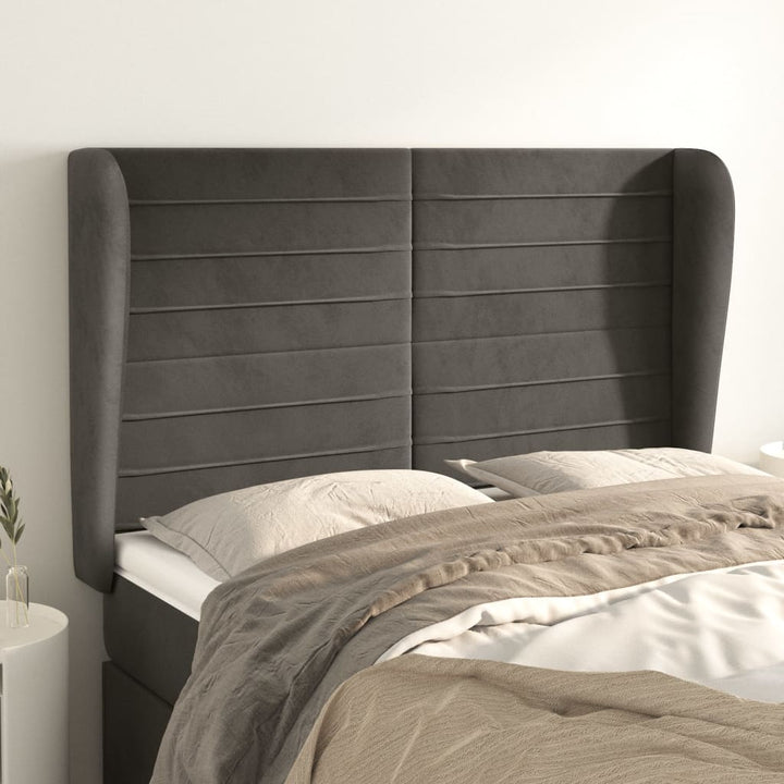 sengegavl med kanter 147x23x118/128 cm fløjl mørkegrå