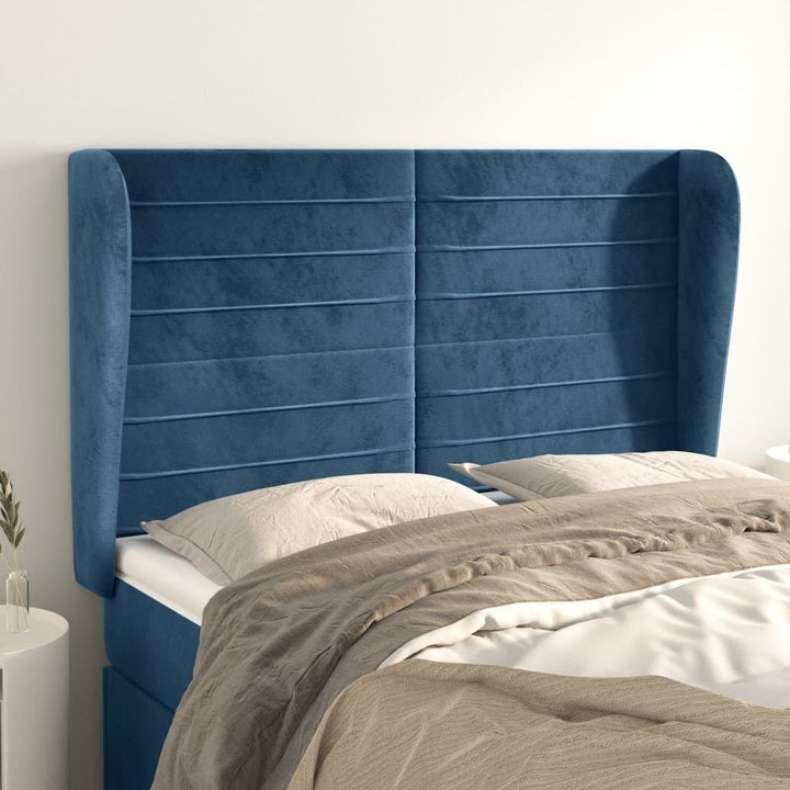 sengegavl med kanter 147x23x118/128 cm fløjl mørkeblå
