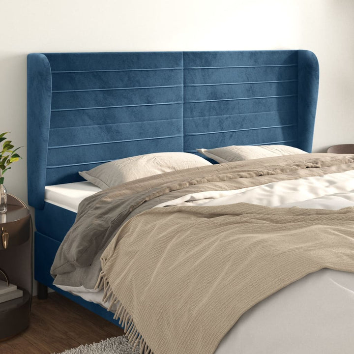 sengegavl med kanter 163x23x118/128 cm fløjl mørkeblå