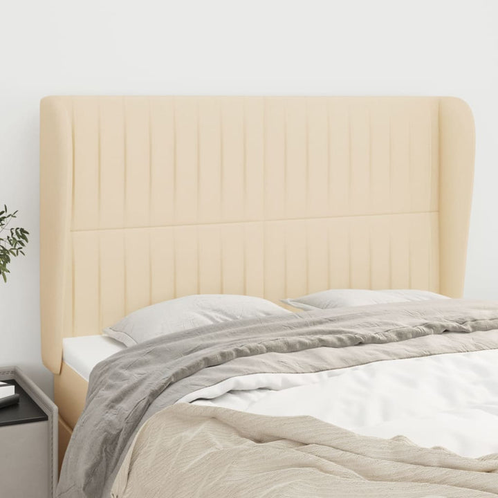 sengegavl med kanter 147x23x118/128 cm stof cremefarvet