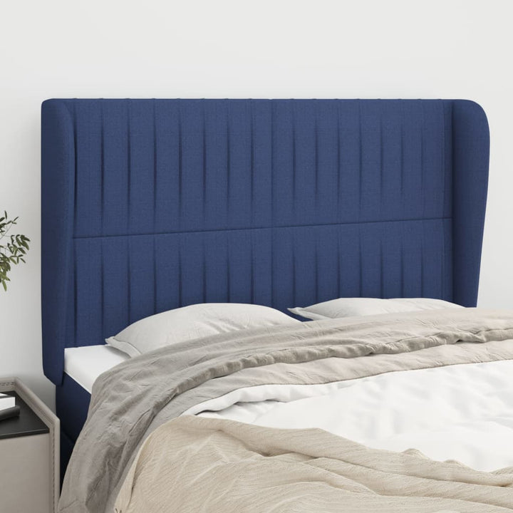 sengegavl med kanter 147x23x118/128 cm stof blå