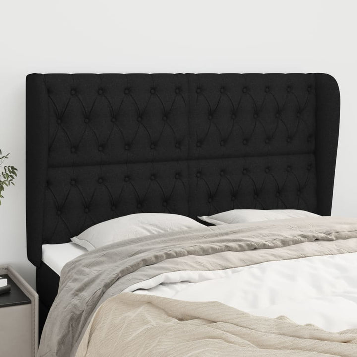 sengegavl med kanter 147x23x118/128 cm stof sort