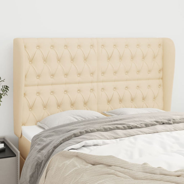 sengegavl med kanter 147x23x118/128 cm stof cremefarvet