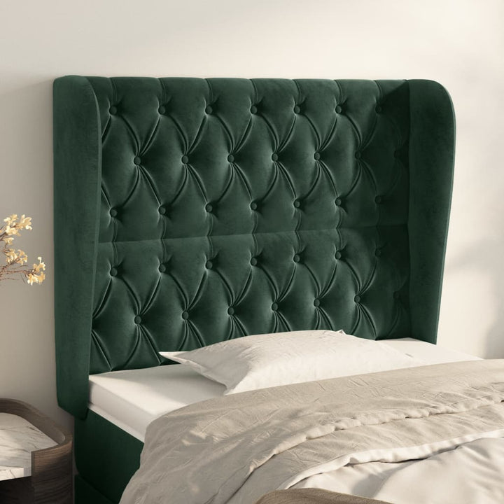 sengegavl med kanter 103x23x118/128 cm fløjl mørkegrøn