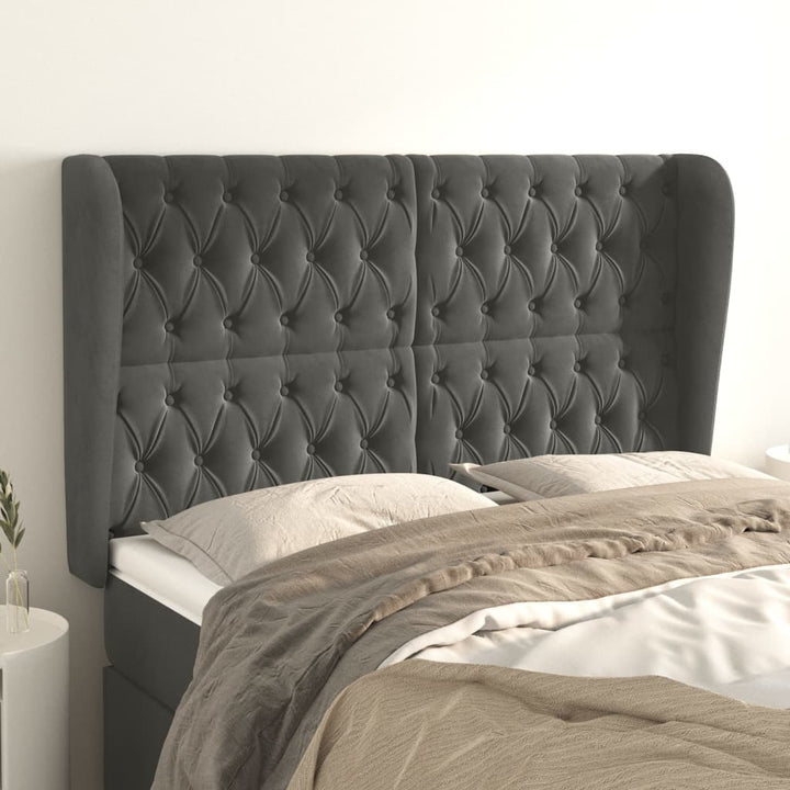 sengegavl med kanter 147x23x118/128 cm fløjl mørkegrå