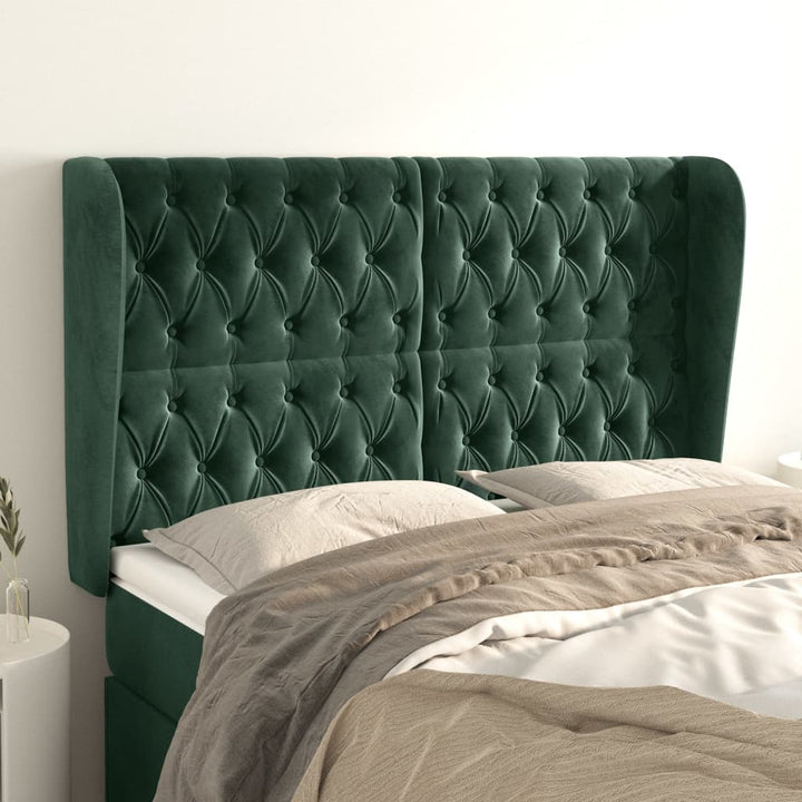 sengegavl med kanter 147x23x118/128 cm fløjl mørkegrøn