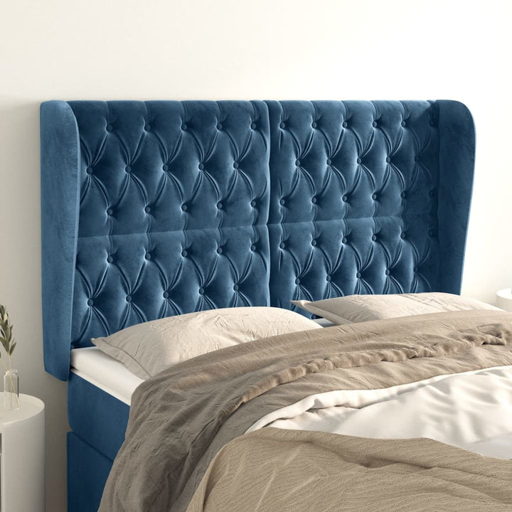 sengegavl med kanter 147x23x118/128 cm fløjl mørkeblå