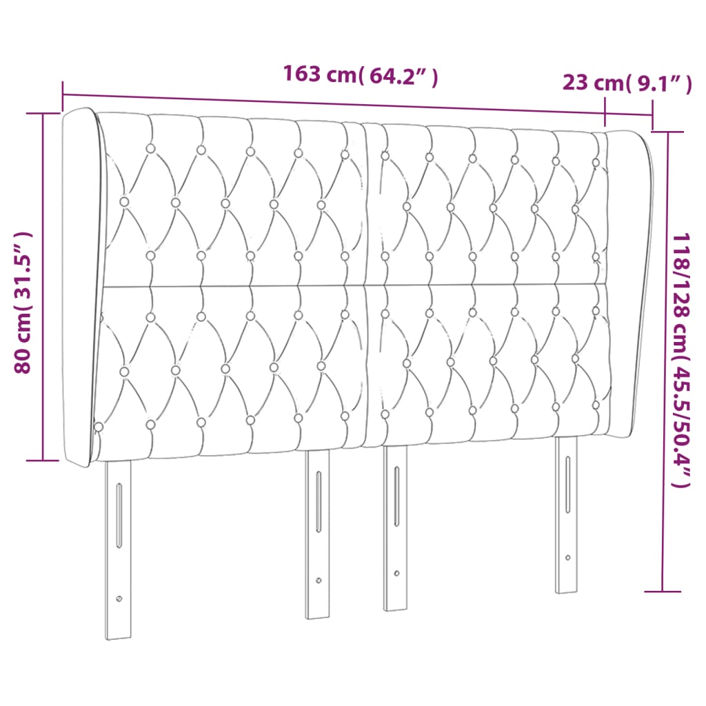 sengegavl med kanter 163x23x118/128 cm fløjl sort
