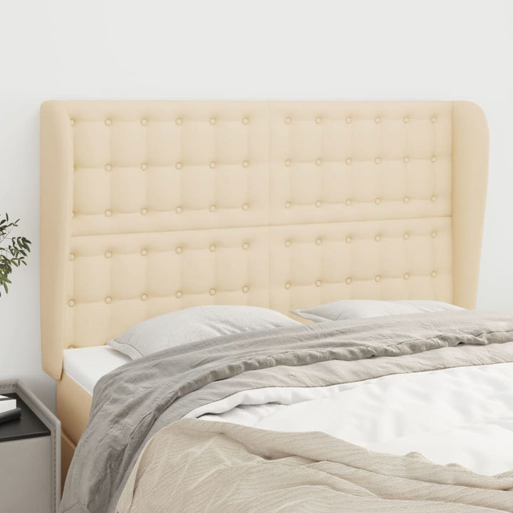sengegavl med kanter 147x23x118/128 cm stof cremefarvet