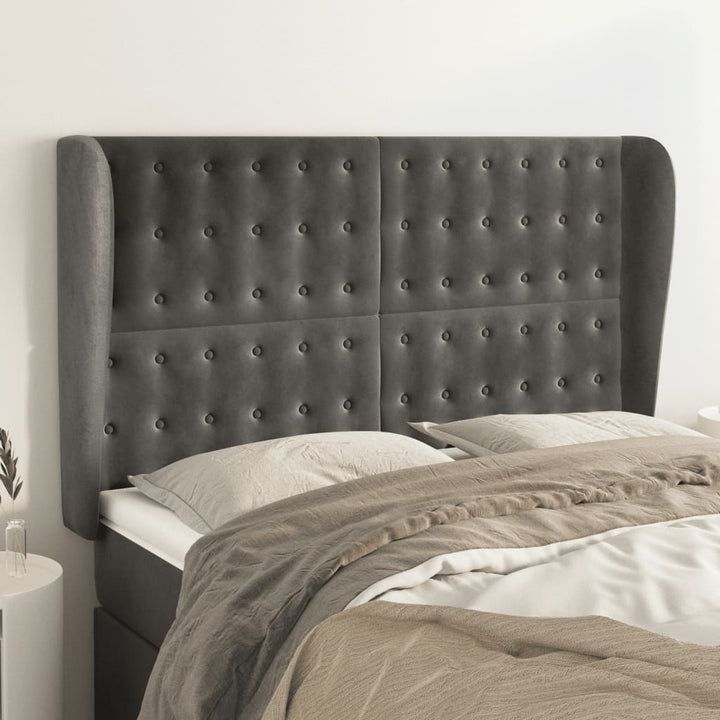 sengegavl med kanter 147x23x118/128 cm fløjl mørkegrå