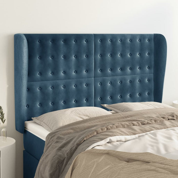 sengegavl med kanter 147x23x118/128 cm fløjl mørkeblå