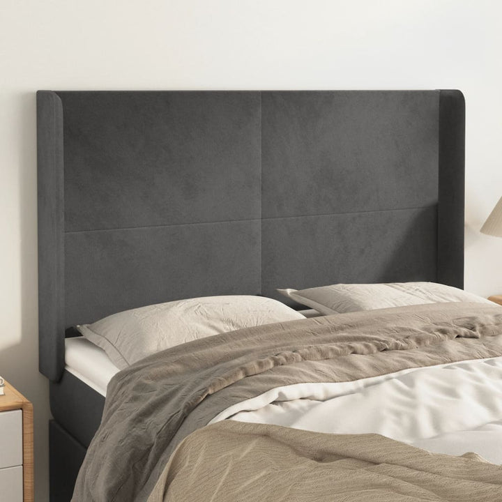 sengegavl med kanter 147x16x118/128 cm fløjl mørkegrå