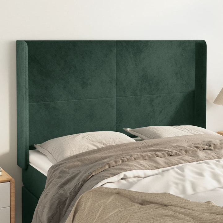 sengegavl med kanter 147x16x118/128 cm fløjl mørkegrøn