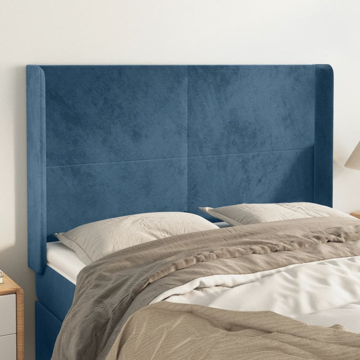 sengegavl med kanter 147x16x118/128 cm fløjl mørkeblå