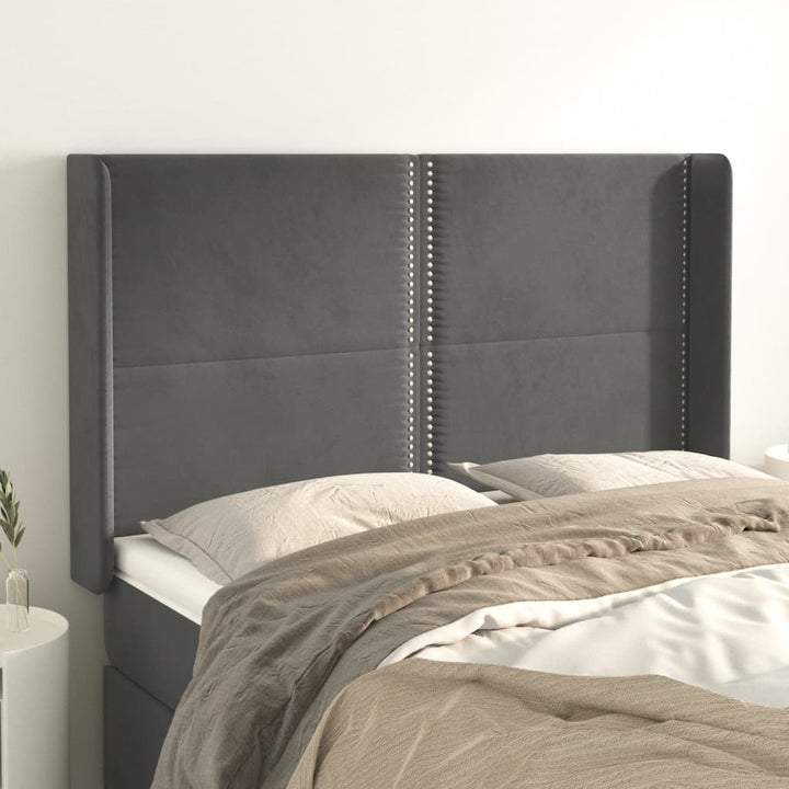 sengegavl med kanter 147x16x118/128 cm fløjl mørkegrå