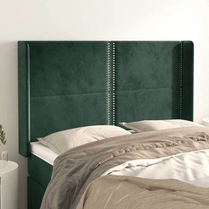 sengegavl med kanter 147x16x118/128 cm fløjl mørkegrøn