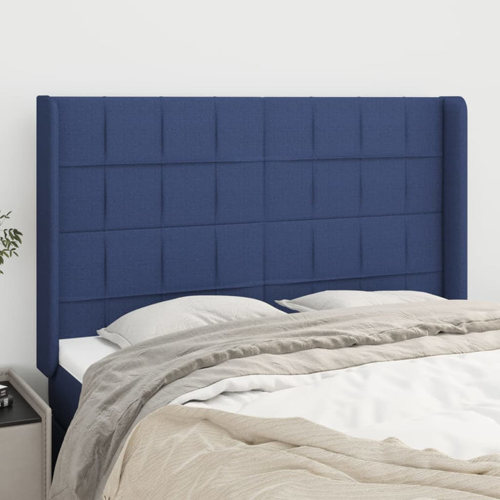 sengegavl med kanter 147x16x118/128 cm stof blå