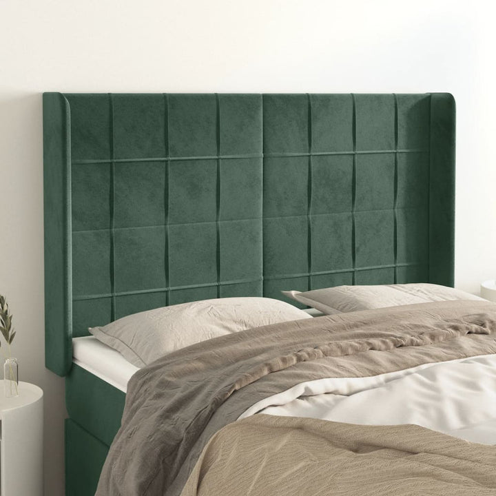sengegavl med kanter 147x16x118/128 cm fløjl mørkegrøn