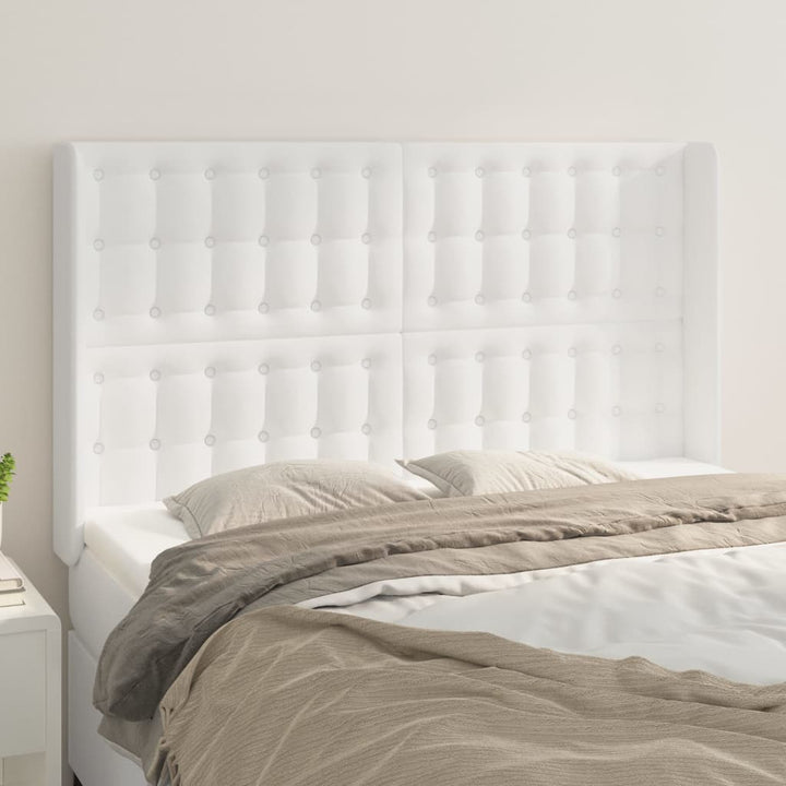 sengegavl med kanter 147x16x118/128 cm kunstlæder hvid