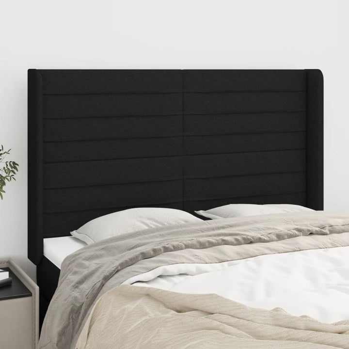 sengegavl med kanter 147x16x118/128 cm stof sort
