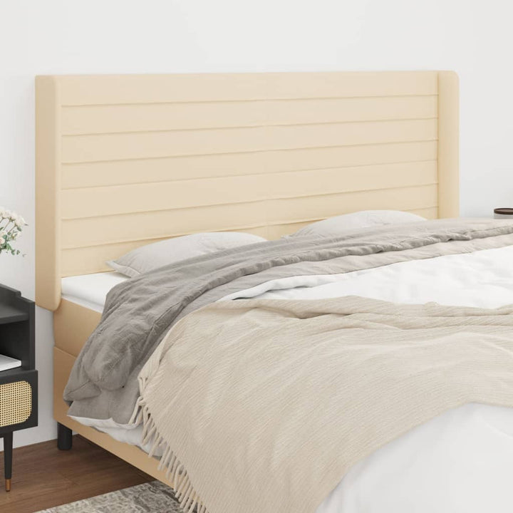 sengegavl med kanter 163x16x118/128 cm stof cremefarvet