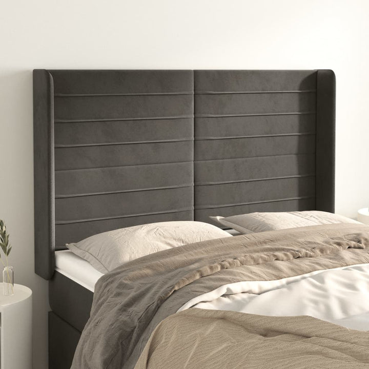 sengegavl med kanter 147x16x118/128 cm fløjl mørkegrå