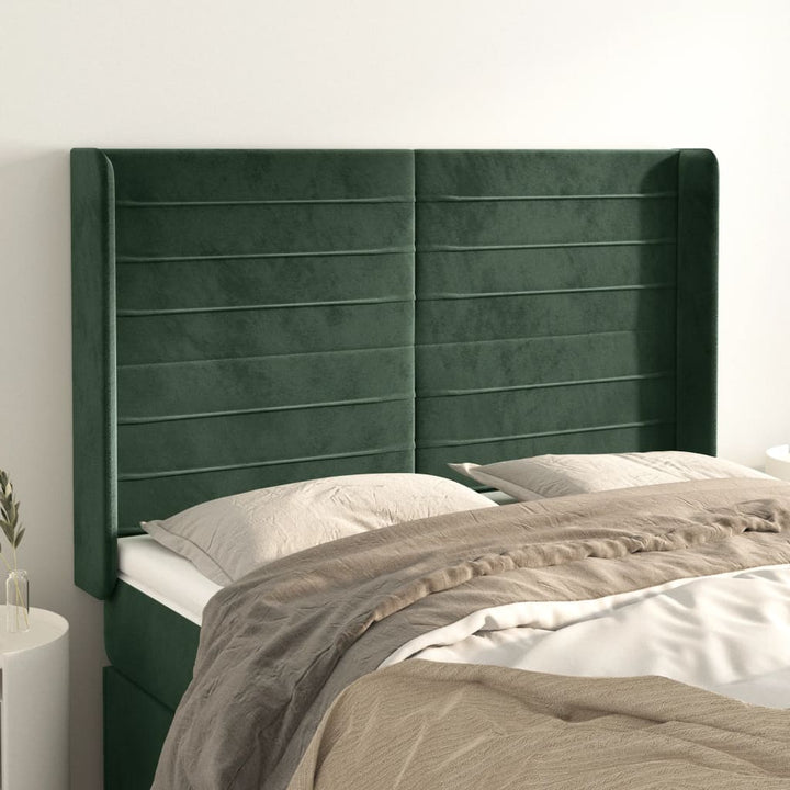 sengegavl med kanter 147x16x118/128 cm fløjl mørkegrøn