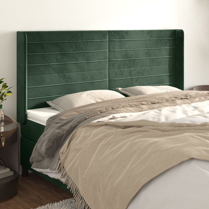 sengegavl med kanter 163x16x118/128 cm fløjl mørkegrøn