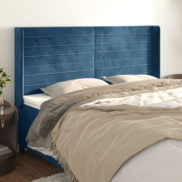 sengegavl med kanter 163x16x118/128 cm fløjl mørkeblå