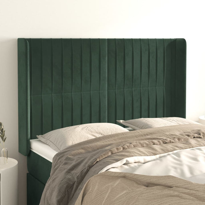 sengegavl med kanter 147x16x118/128 cm fløjl mørkegrøn