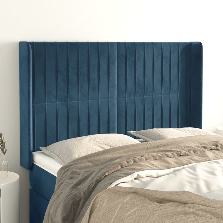 sengegavl med kanter 147x16x118/128 cm fløjl mørkeblå