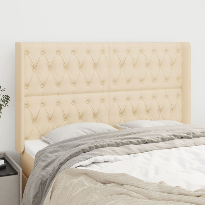 sengegavl med kanter 163x16x118/128 cm stof cremefarvet