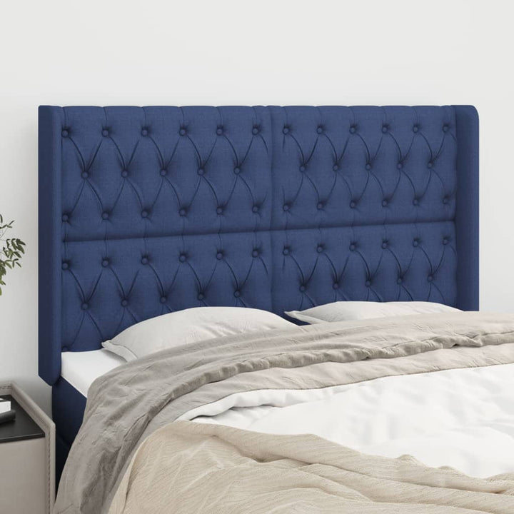 sengegavl med kanter 163x16x118/128 cm stof blå