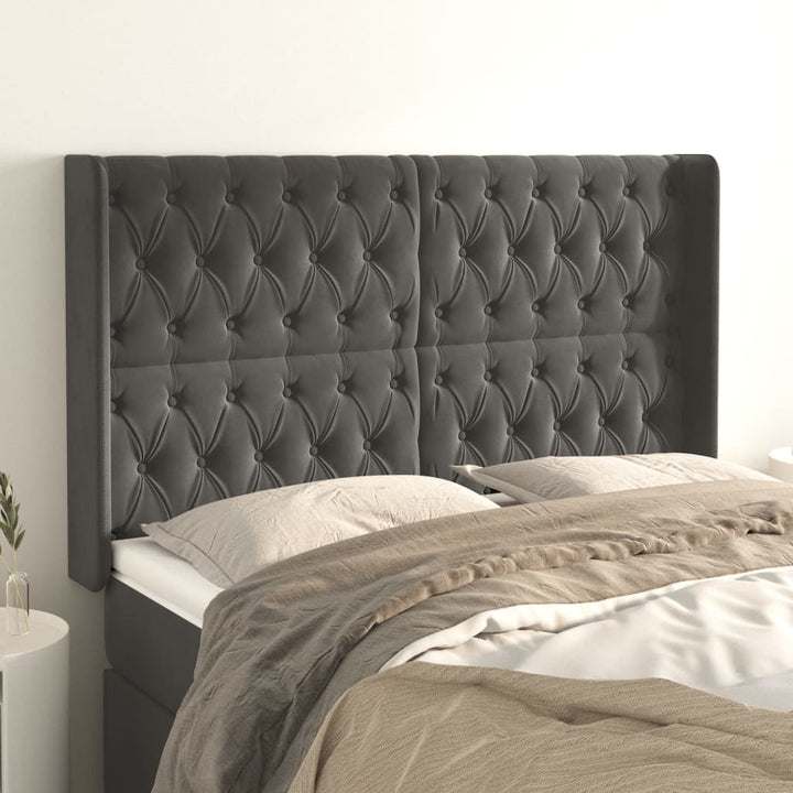 sengegavl med kanter 147x16x118/128 cm fløjl mørkegrå