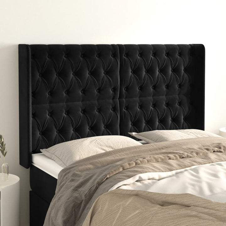sengegavl med kanter 147x16x118/128 cm fløjl sort