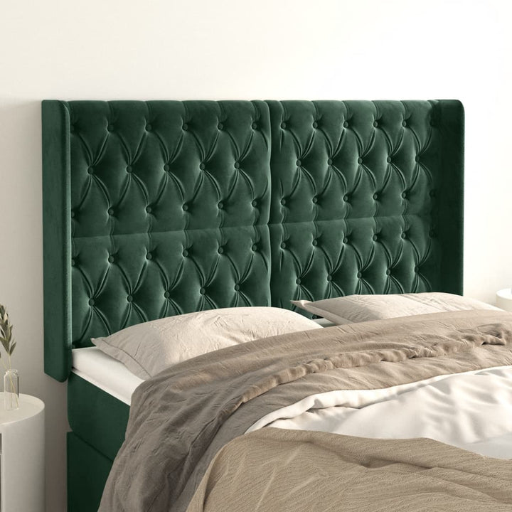 sengegavl med kanter 147x16x118/128 cm fløjl mørkegrøn