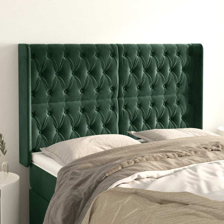 sengegavl med kanter 163x16x118/128 cm fløjl mørkegrøn