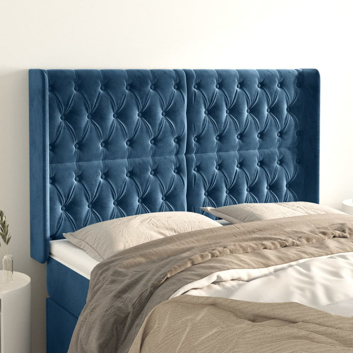 sengegavl med kanter 163x16x118/128 cm fløjl mørkeblå