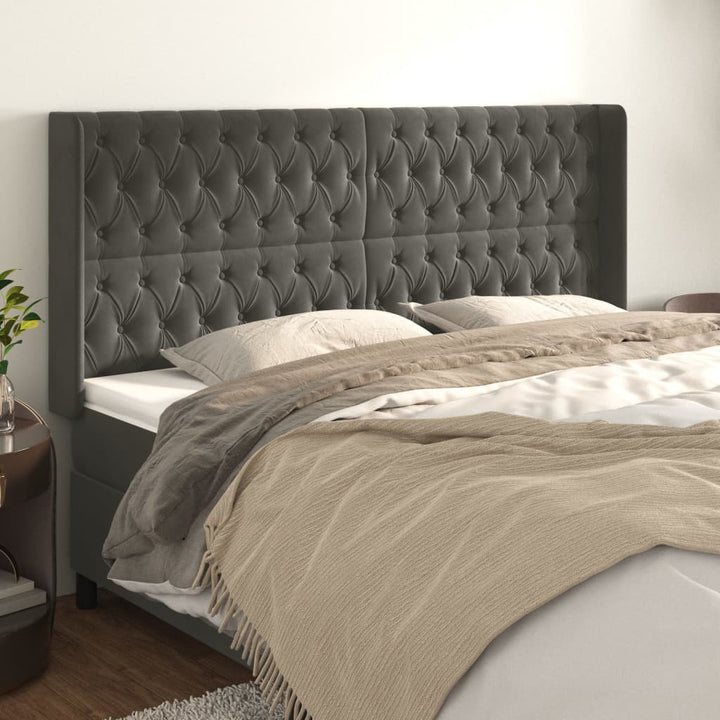 sengegavl med kanter 183x16x118/128 cm fløjl mørkegrå