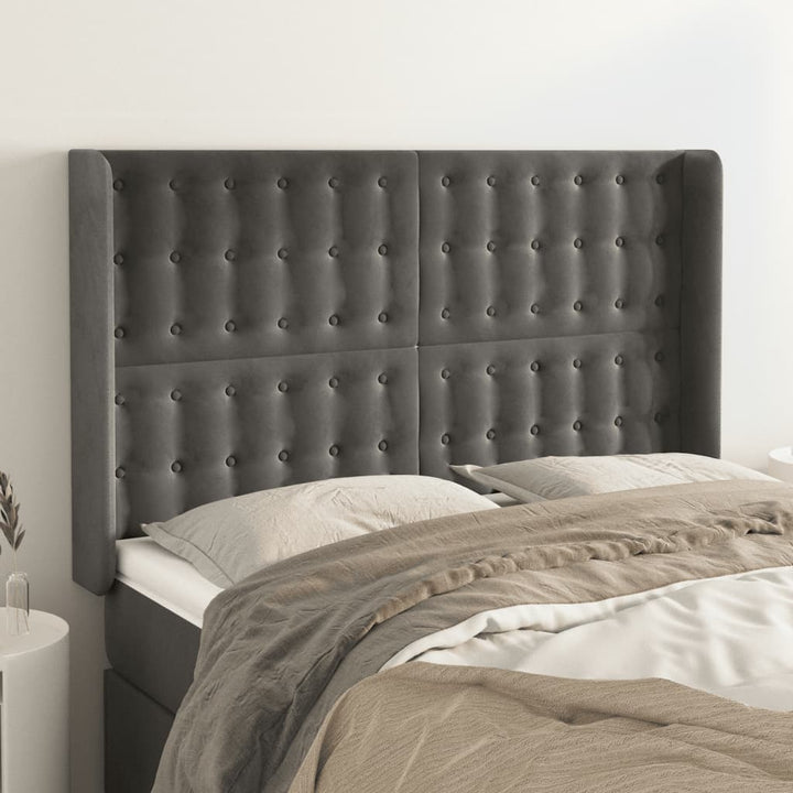 sengegavl med kanter 147x16x118/128 cm fløjl mørkegrå