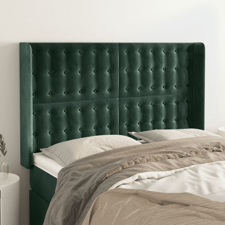 sengegavl med kanter 147x16x118/128 cm fløjl mørkegrøn